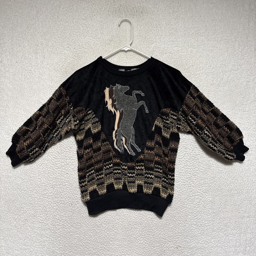 VTG Miss Rodeo America Velvet Horse Sweater Mixed Knit Chevron Western Glam S
